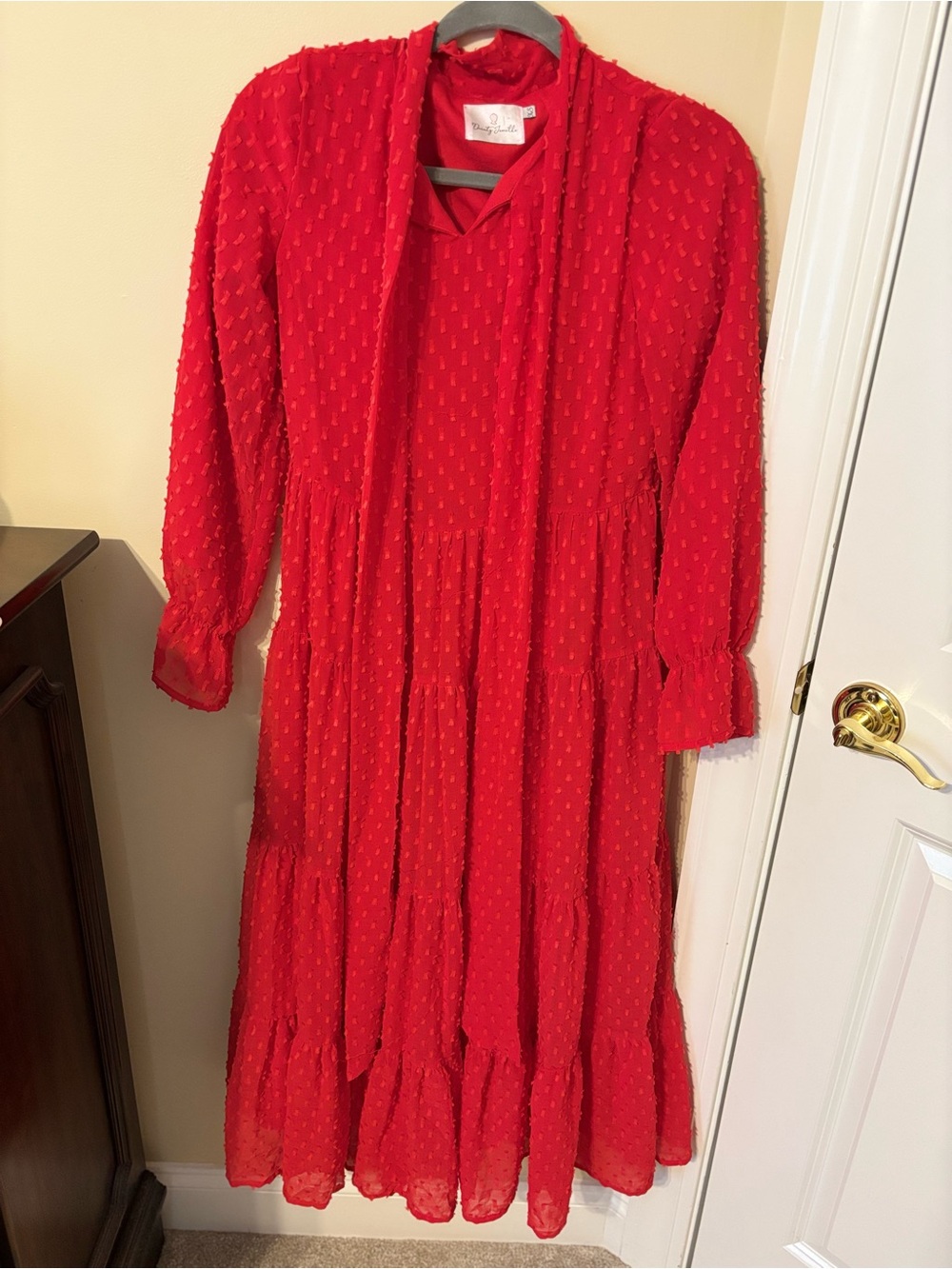 Dainty Jewells Tiered Red Long-Sleeve Midi Dress with Neck Tie